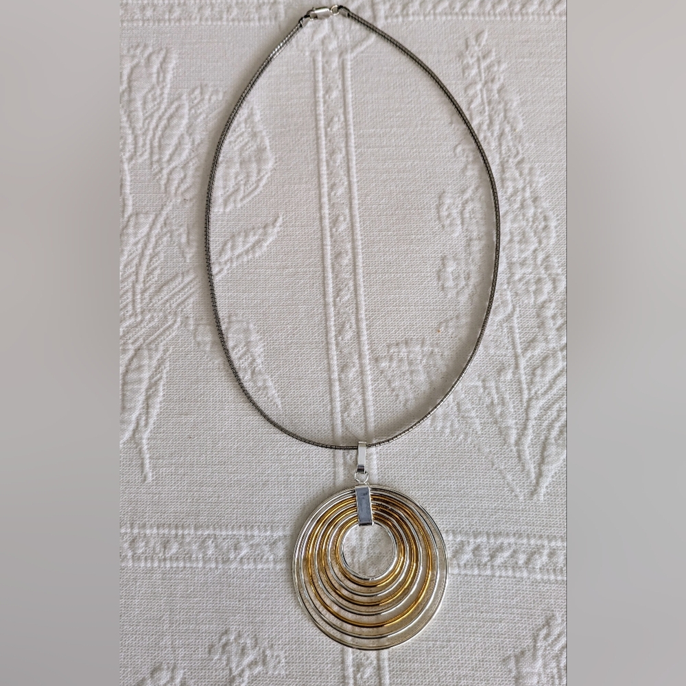 Large Modernist Scandinavian Style Silver & Gold Tone Pendant With Necklace